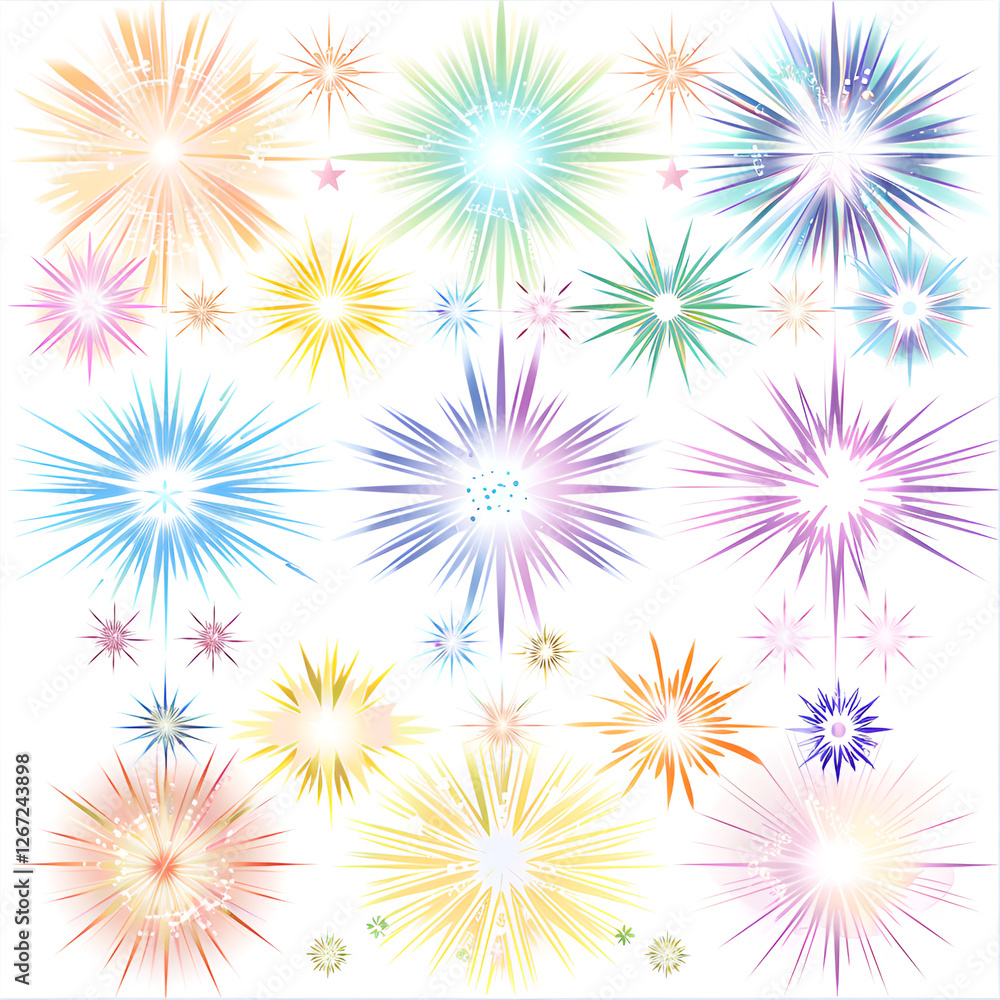 Colorful sparkling stars and burst designs in various shapes and sizes on a white background Colorful sparkling stars and burst designs in various shapes and sizes on a white background