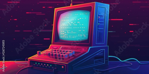 Vintage computer background with purple cyberpunk aesthetics. Background of code with software digital code retro arcade computer with cathodic monitor.