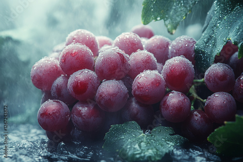 Crimson Delight, Grapes Gleaming Under a Refreshing Rainfall