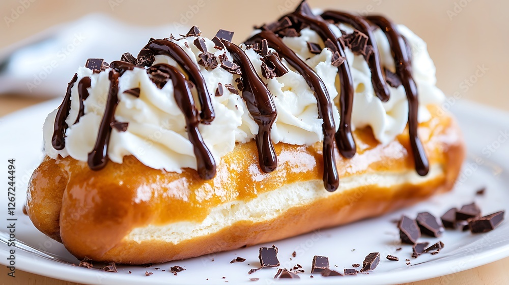 Decadent Eclair Filled with Creamy Custard Topped with Chocolate Drizzle on White Plate with Light Wooden Background in Studio Lighting Decadent Eclair Filled with Creamy Custard Topped with Chocolate Drizzle on White Plate with Light Wooden Background in Studio Lighting