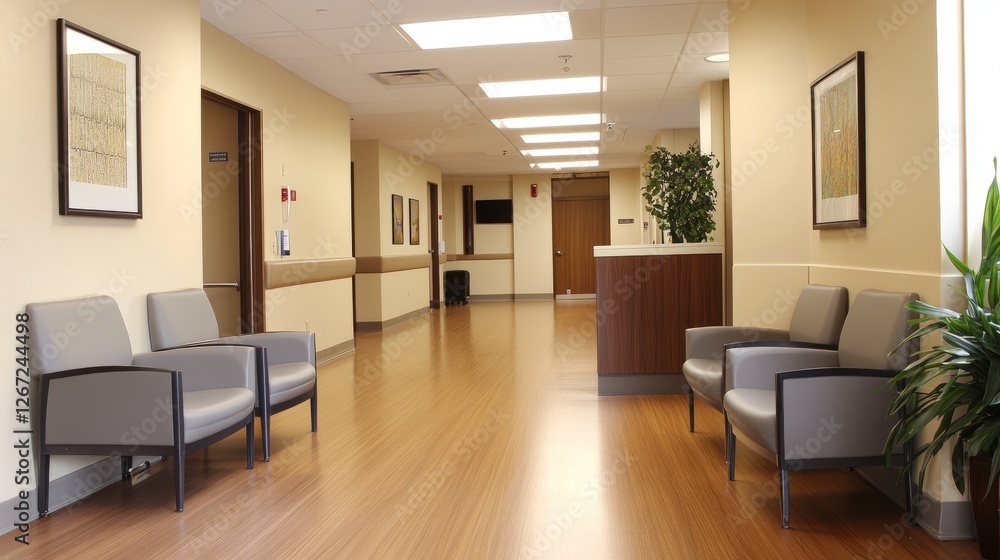 A calming medical office reception area with white walls, soft gray chairs, and stylish oak wood floors. A calming medical office reception area with white walls, soft gray chairs, and stylish oak wood floors.