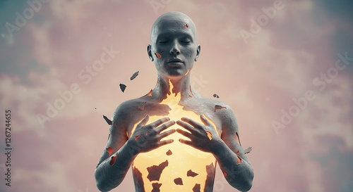 A person shedding their old skin like a snake, revealing a glowing new self.