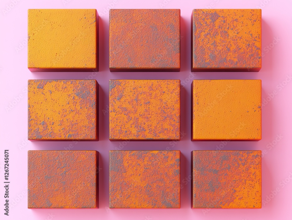 Fototapeta premium A grid of nine textured, orange-hued squares arranged on a pastel pink background, creating a visually striking and abstract composition.