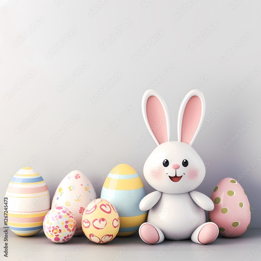 Cute rabbit with colorful Easter eggs on a light background for spring celebrations. Generative AI Cute rabbit with colorful Easter eggs on a light background for spring celebrations. Generative AI