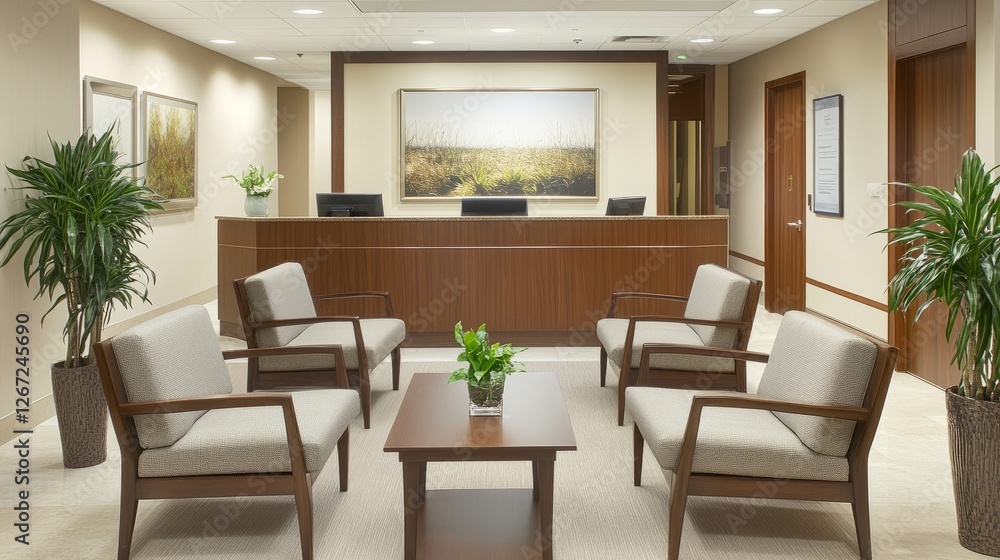 A calming office reception with light beige walls, soft gray seating, and simple wooden details for elegance. A calming office reception with light beige walls, soft gray seating, and simple wooden details for elegance.