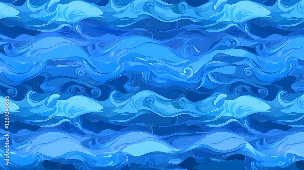 Abstract Blue Waterscape of Aquatic Life Depicting Ocean and Fish Seamless Pattern Design