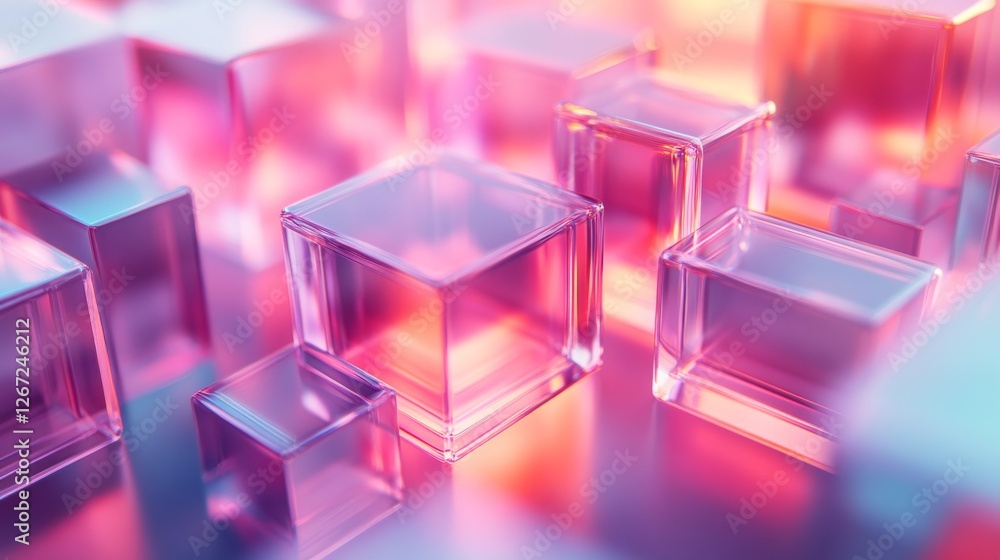 Abstract arrangement of transparent pink and blue tinted glass cubes Abstract arrangement of transparent pink and blue tinted glass cubes