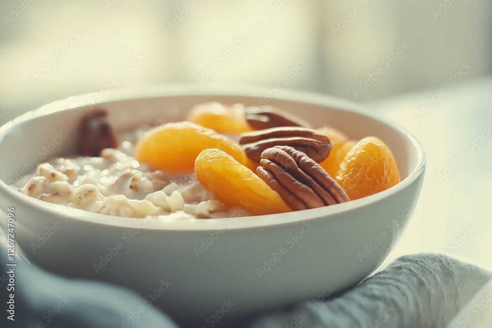 Oatmeal bowl with dried apricots and pecans in bright kitchen setting. Concept promotes healthy breakfast bowls for nutritious and delicious meals any time of day Oatmeal bowl with dried apricots and pecans in bright kitchen setting. Concept promotes healthy breakfast bowls for nutritious and delicious meals any time of day