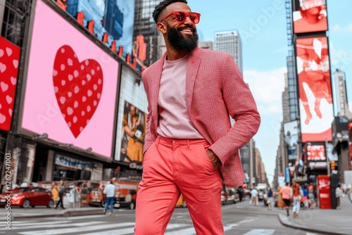 Stylish Man in Pink Suit Posing in Times Square with Heart-Shaped Billboard