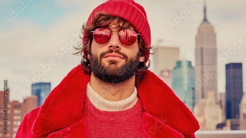 Stylish Man in Red Beanie and Sunglasses against City Skyline