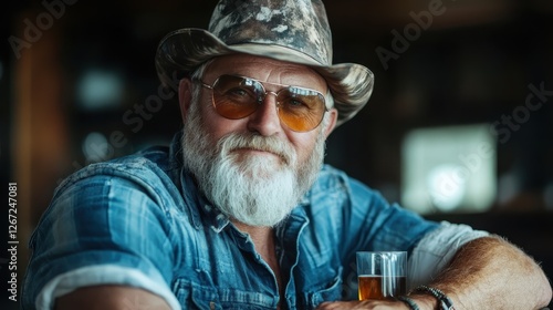 An older gentleman in a hat and sunglasses relaxes with a glass in hand, exuding confidence and style, while creating a laid-back and inviting atmosphere in the setting.