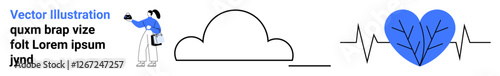 Person in blue observing cloud symbol, heart shape with tree branches, and heartbeat line. Ideal for health, wellness, cloud technology, nature care, data monitoring, eco-awareness flat landing page