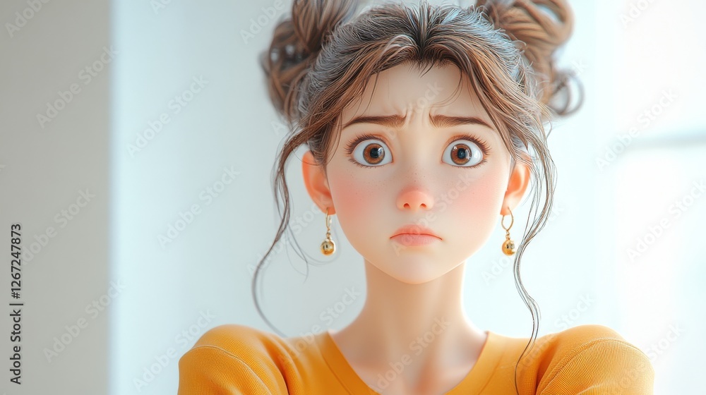 Naklejka premium Pensive Digital Portrait of a Young Woman with Updo Hairstyle