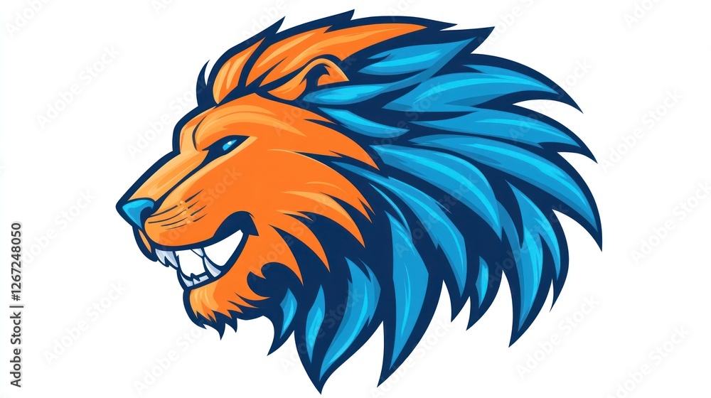 Lion head design, blue and orange, ferocious expression, for logo, icon, mascot, and symbol use Lion head design, blue and orange, ferocious expression, for logo, icon, mascot, and symbol use