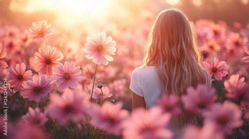 Naklejka premium Golden Hour Serenity: Woman Amidst Pink Cosmos