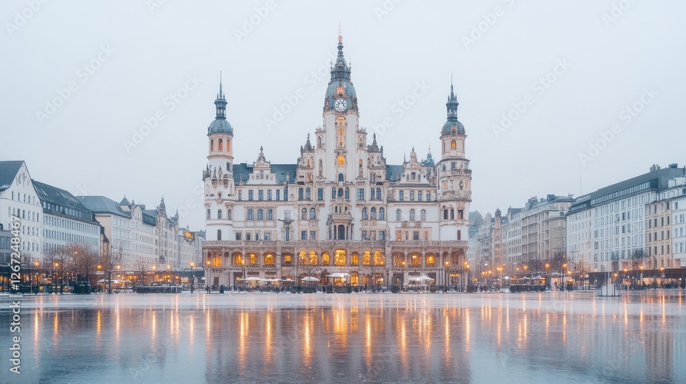 Fototapeta premium City Hall reflected in frozen square, winter twilight