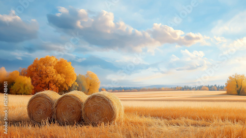 Golden hay bales in serene autumn landscape with trees
