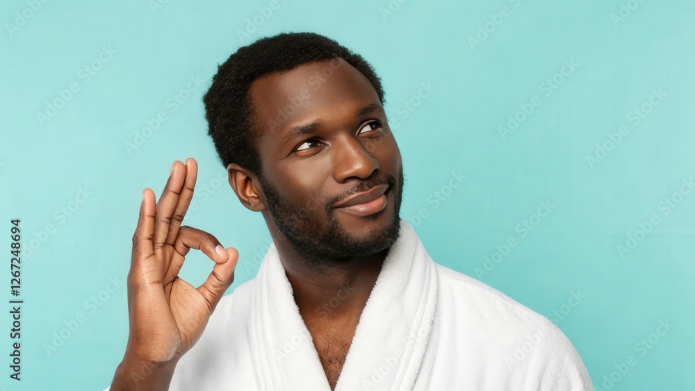 man in bathrobe showing ok sign. He's looking thoughtfully, conveying a sense of contentment and relaxation. man in bathrobe showing ok sign. He's looking thoughtfully, conveying a sense of contentment and relaxation.
