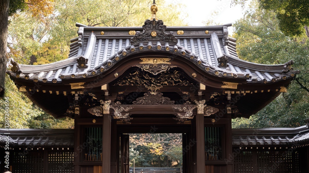 Fototapeta premium Ornate Japanese temple gate autumn leaves park serene background travel