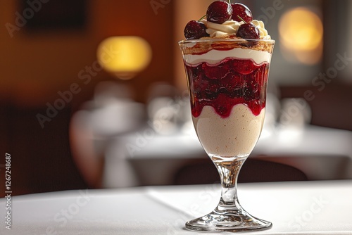 Elegant cherry parfait in glass with layers of cream and fruit photo