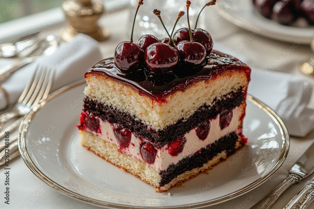Delicious cherry layer cake with cream and rich chocolate garnish on an elegant plate Delicious cherry layer cake with cream and rich chocolate garnish on an elegant plate