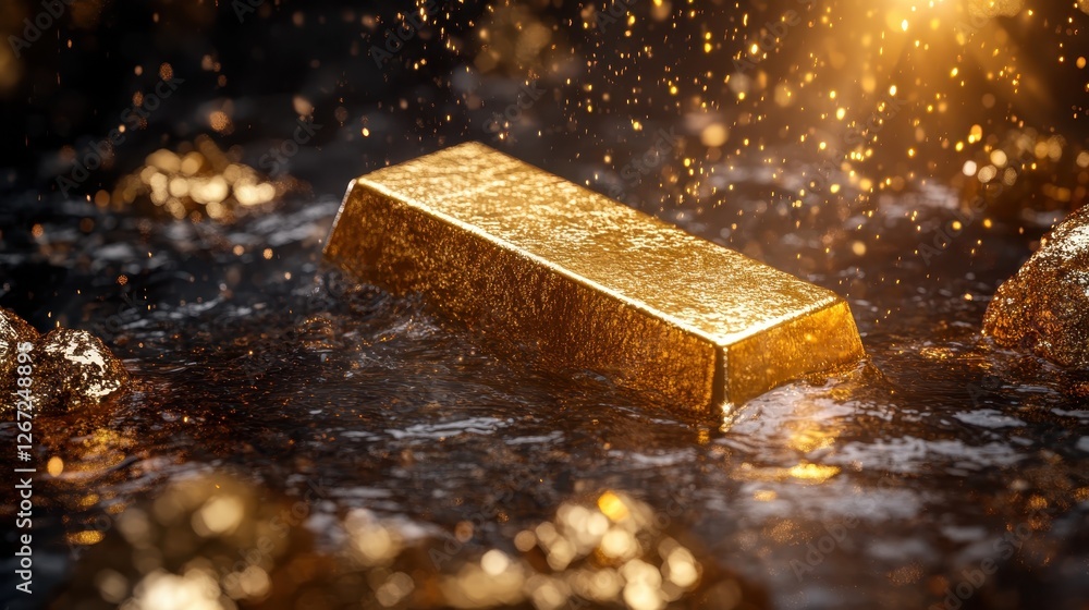 A captivating golden bar floats in water, surrounded by glimmering reflections of light, encapsulating the essence of luxury, wealth, and nature's beauty. A captivating golden bar floats in water, surrounded by glimmering reflections of light, encapsulating the essence of luxury, wealth, and nature's beauty.