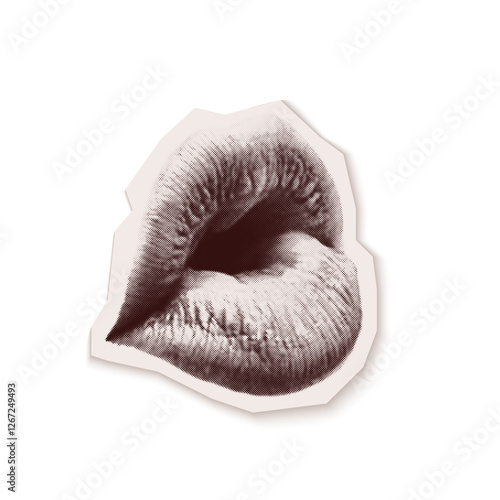 Vintage torn out paper collage of sexy woman mouth. Isolated vector collage illustration cut from an old newspaper with a halftone effect.Trendy retro element with Bitmap texture of female lips kiss