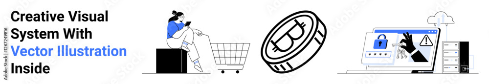 Woman shopping online near cart, digital coin, secure online payment system icon with alert symbol. Ideal for e-commerce, fintech, cybersecurity, crypto, technology, digital economy flat landing Woman shopping online near cart, digital coin, secure online payment system icon with alert symbol. Ideal for e-commerce, fintech, cybersecurity, crypto, technology, digital economy flat landing