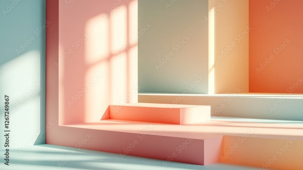 Fototapeta premium Pastel geometric shapes form a platform illuminated by window light