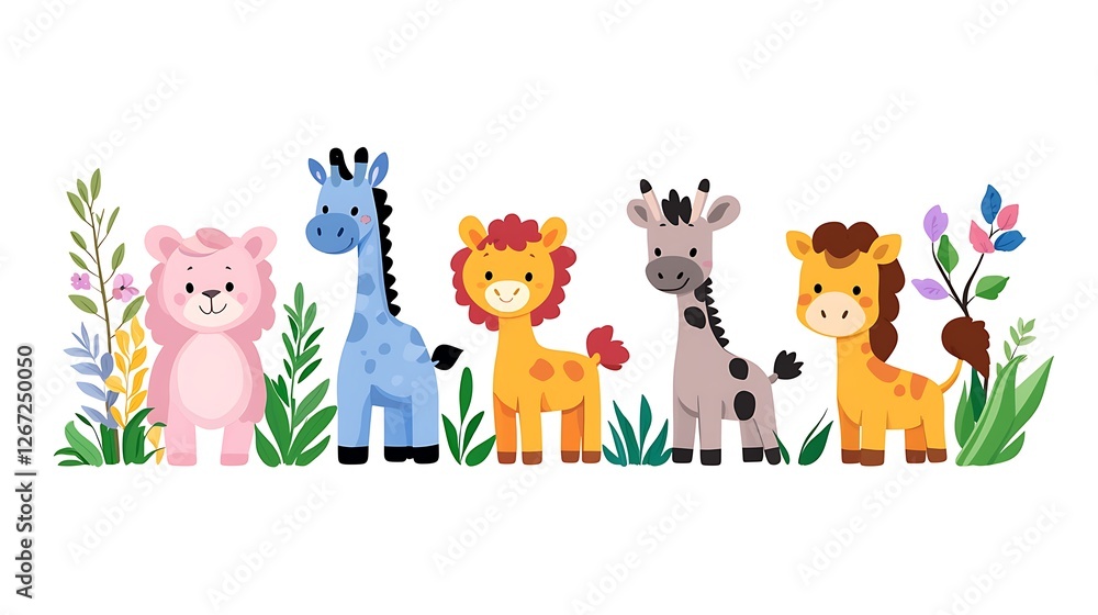 Naklejka premium Flat Design Vector Illustration of Cute Animals Including Lion Giraffe and Bear in a Pixelated Style on White Background