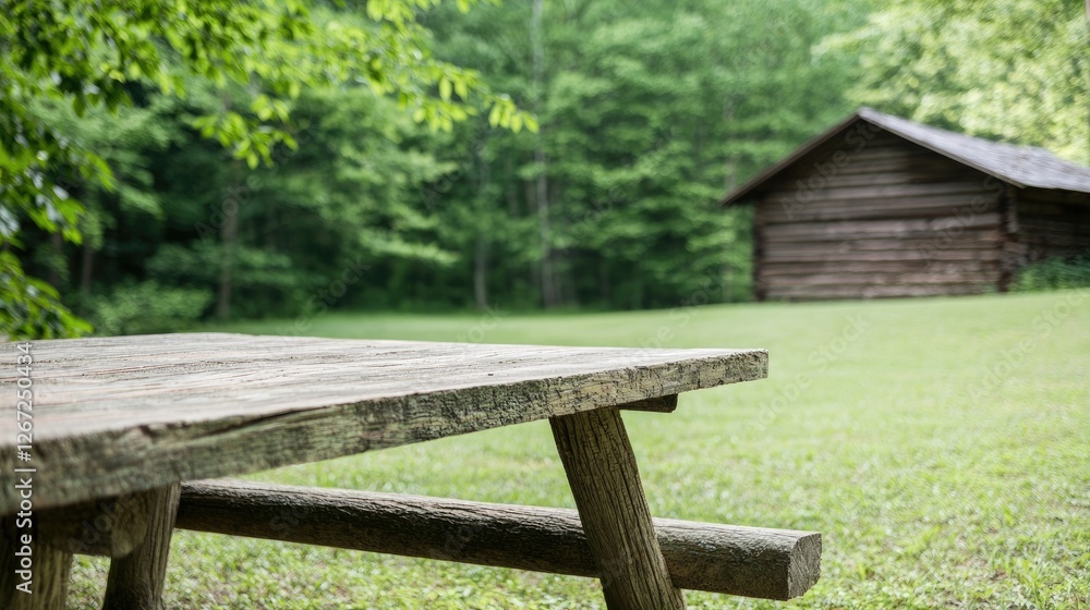 Rustic wooden picnic table in a grassy park with a log cabin Rustic wooden picnic table in a grassy park with a log cabin