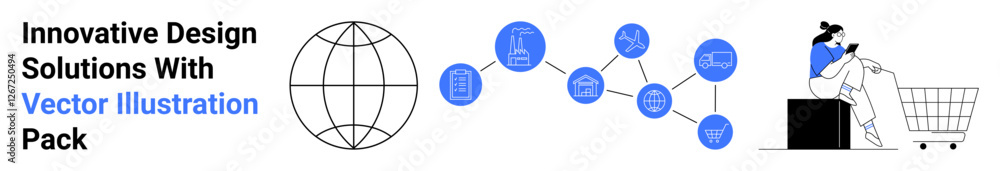 Globe icon, digital network with connected nodes, and a woman shopping online. Ideal for e-commerce, technology, global reach, teamwork, decision-making, digital marketing flat landing page banner Globe icon, digital network with connected nodes, and a woman shopping online. Ideal for e-commerce, technology, global reach, teamwork, decision-making, digital marketing flat landing page banner