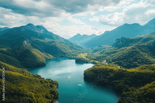 Paragliders soaring above a breathtaking mountain landscape from a drone’s perspective