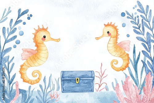 Seahorses swimming near treasure chest in ocean, under the sea, watercolor illustration Concept,