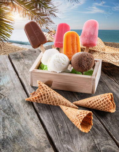 A refreshing scene featuring an assortment of frozen treats like ice cream, popsicles photo