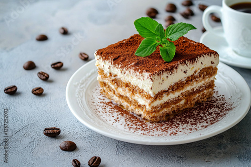 Delicious Classic Tiramisu Dessert on concrete table. Generative AI
