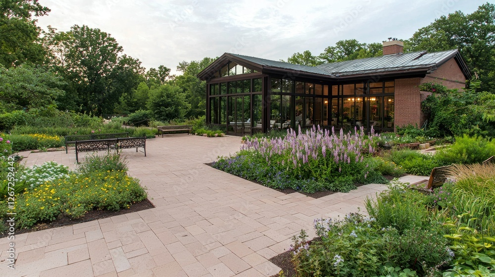 Serene Garden Patio with Modern Glass Pavilion Serene Garden Patio with Modern Glass Pavilion
