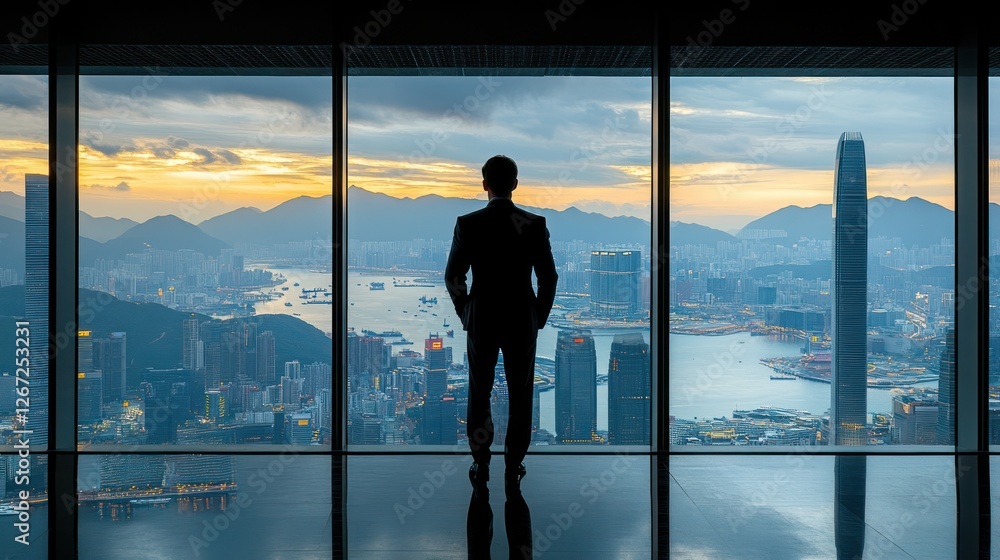 Businessman overlooking Hong Kong cityscape at dawn; success, ambition Businessman overlooking Hong Kong cityscape at dawn; success, ambition