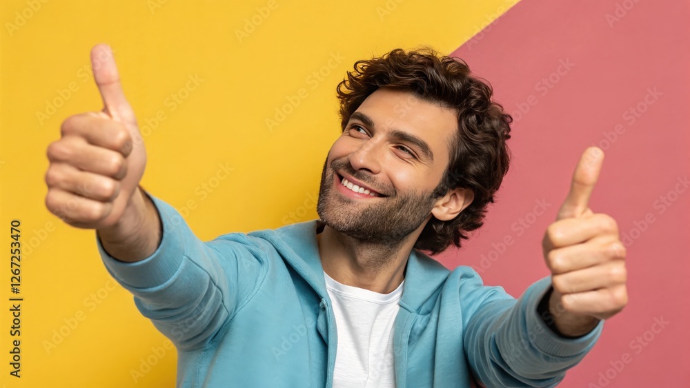 a young man in blue hoodie with curly hair is giving double thumbs up. The man is smiling broadly and is standing in front of a bright, colorful yellow and red background. a young man in blue hoodie with curly hair is giving double thumbs up. The man is smiling broadly and is standing in front of a bright, colorful yellow and red background.