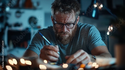 An artist, with glasses and a beard, immersed in his creative process, showcases the dedication and passion that drives artistic expression and individual creativity in his workspace. photo