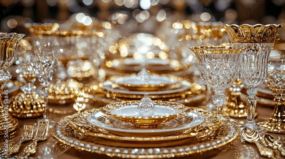Elegant gold and crystal tableware setting for a luxurious dining experience Elegant gold and crystal tableware setting for a luxurious dining experience