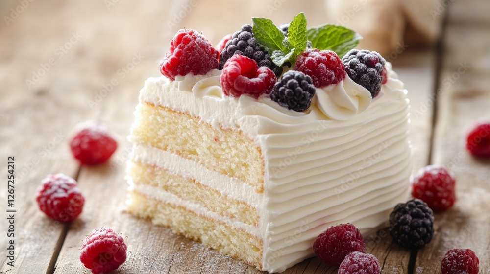 Delicious cake slice topped with fresh berries on wooden table Delicious cake slice topped with fresh berries on wooden table
