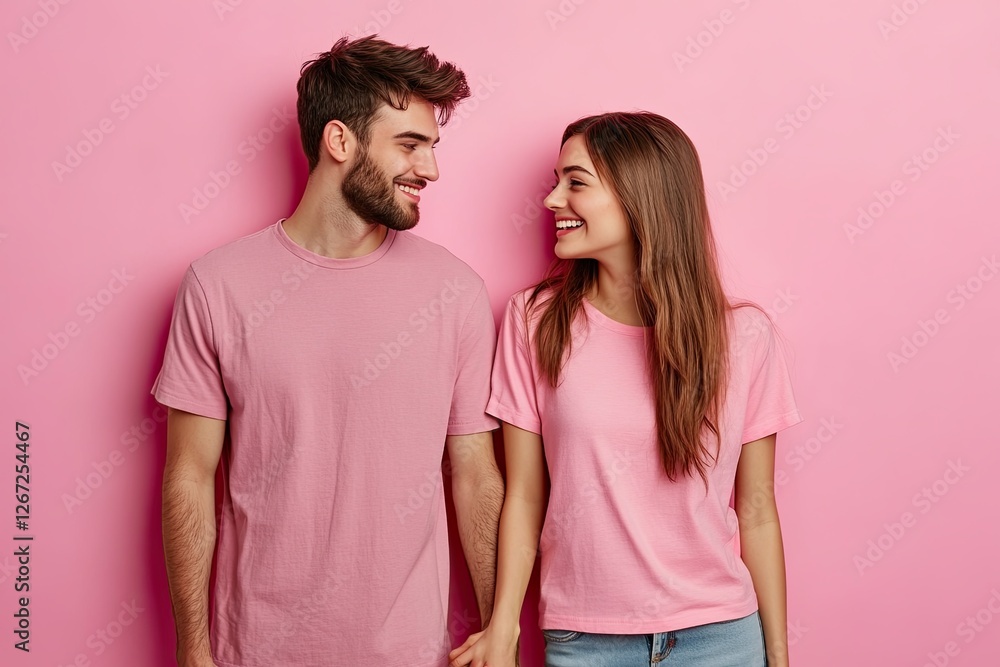 Fototapeta premium Portrait of cute, adorable, attractive, cheerful, shy couple holding hands and looking at each other isolated over pink background