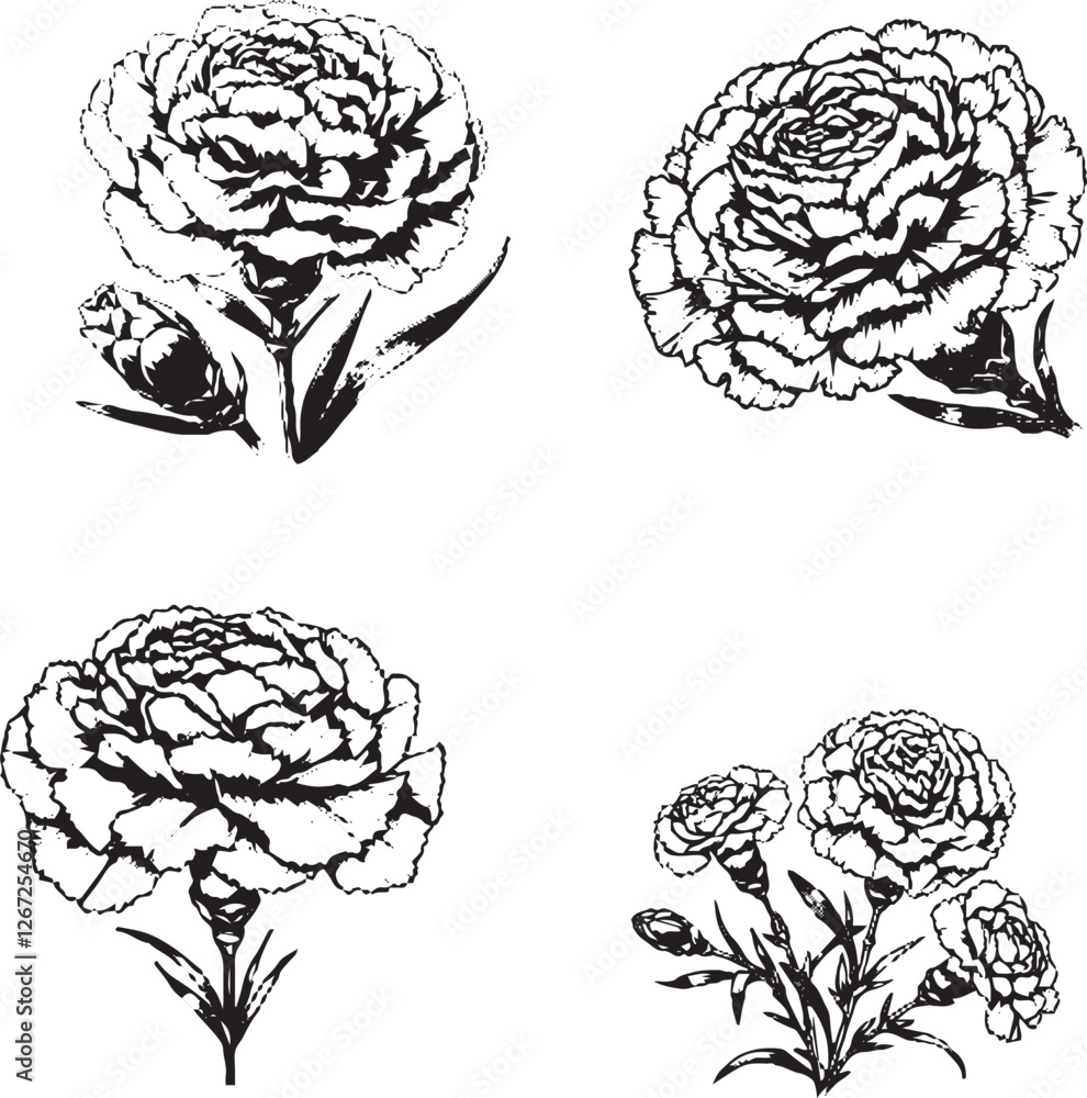 Elegant Carnation Illustrations - Black and White Line Art of Carnation Flowers Elegant Carnation Illustrations - Black and White Line Art of Carnation Flowers