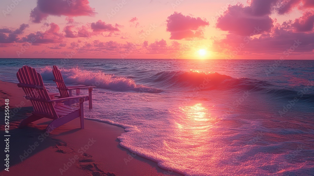Serene Sunset Beach Scene with Adirondack Chairs Serene Sunset Beach Scene with Adirondack Chairs