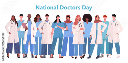  National Doctors Day. A group of  doctors and nurses standing together as a symbol of gratitude and support for their work. Vector illustration Not AI generated