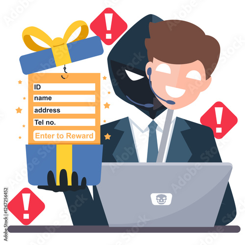 Thief Hacker disguised as fake call centers. fraud scam and stealing user information by pretending to win a prize. vector illustration flat design for cyber criminal awareness concept.