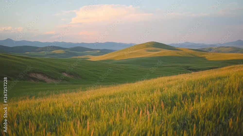 Fototapeta premium Golden fields of nature rolling hills scenic landscape rural environment wide-angle view serenity concept
