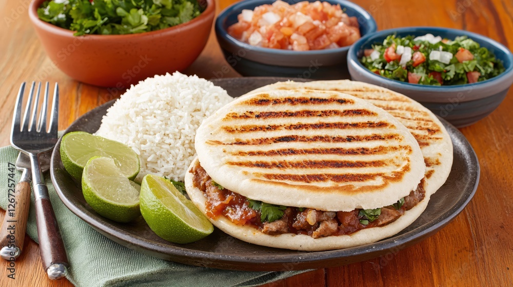 Delicious Arepas with Rice and Lime on Wooden Table Ready to Eat Fresh and Colorful Delicious Arepas with Rice and Lime on Wooden Table Ready to Eat Fresh and Colorful