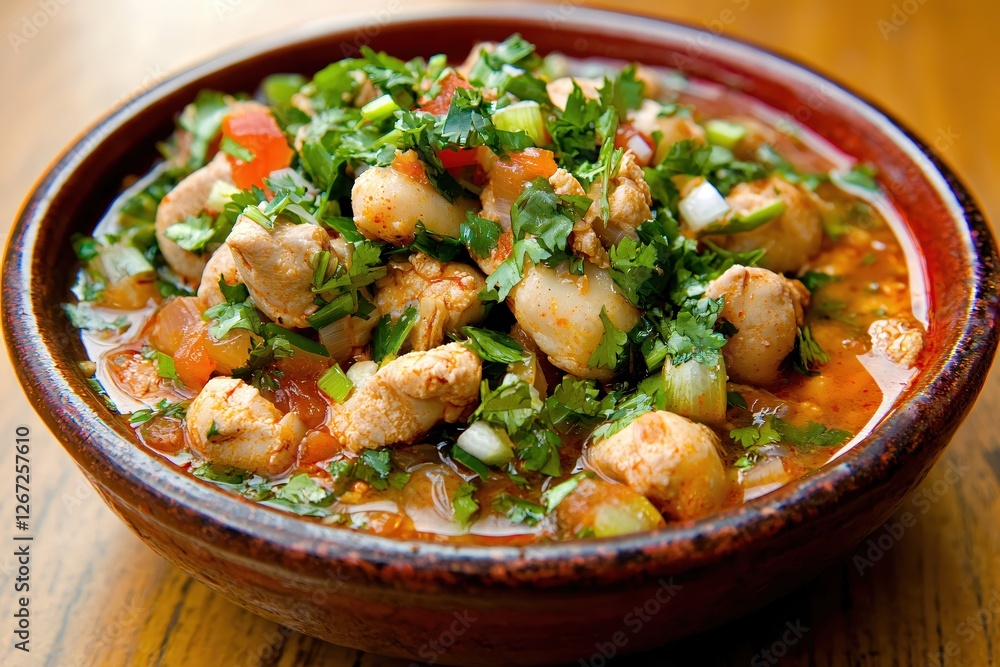 Delicious and Vibrant Chicken Stew with Fresh Herbs in Rustic Bowl on Wooden Tabletop Delicious and Vibrant Chicken Stew with Fresh Herbs in Rustic Bowl on Wooden Tabletop